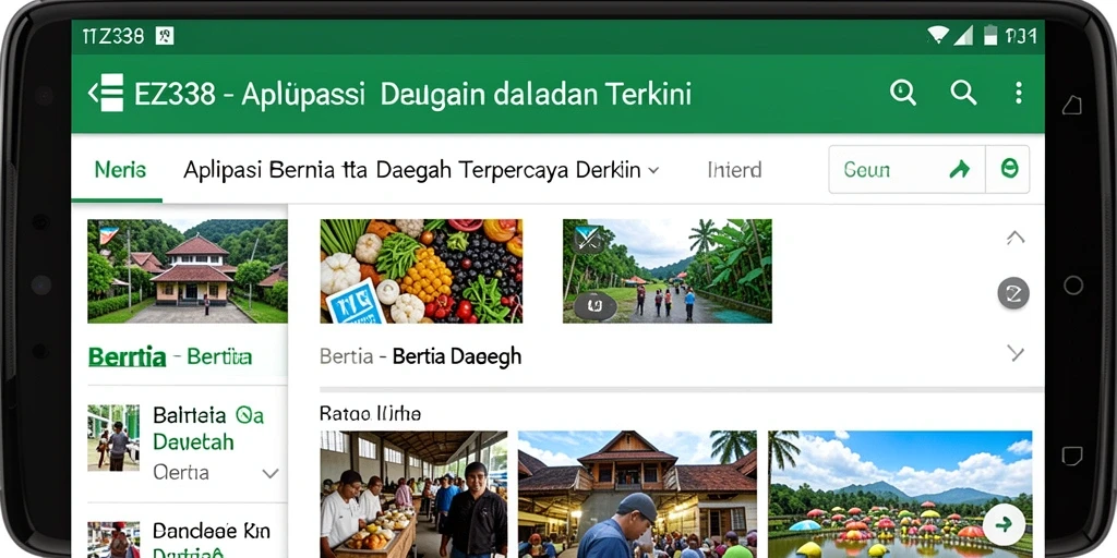 Antarmuka aplikasi EZ338 yang menampilkan berita daerah terkini.