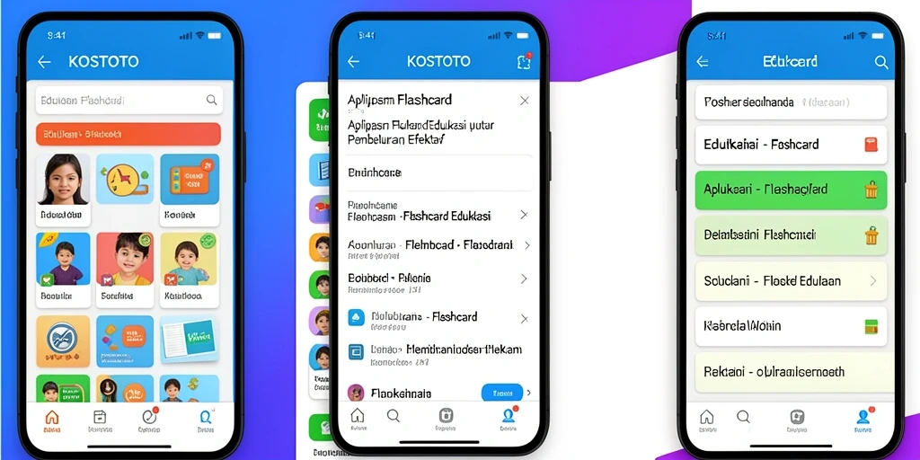 Antarmuka aplikas flashcard KOSTOTO yang menarik dan interaktif.